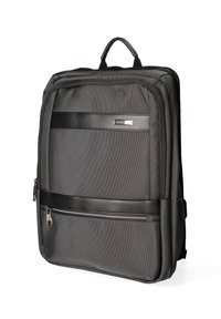 Zaino nero con tessuto texturizzato, dotato di due scomparti con zip e una maniglia superiore. Include un accento in pelle liscia sul davanti.