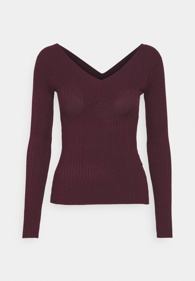 Burgunderfarbene, gerippte Longsleeve-Oberteil mit tiefem V-Ausschnitt, figurbetontem Schnitt und strukturiertem Stoff. Glatte Oberfläche, keine Muster oder Verzierungen.