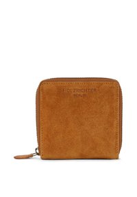 Brown suede wallet with a zip closure, embossed "HOLZRICHTER BERLIN" logo on the front, square shape, smooth texture, minimalistic design.