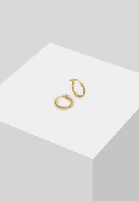 Boucles d'oreilles en or avec un design torsadé. Les anneaux sont petits et disposent d'un fermoir sécurisé, renforçant leur apparence élégante.
