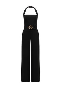Svart jumpsuit med firkantet utringning, halterneck-stropper og bred ben-design. Har belte i midjen med en gullfarget rund spenne. Glatt stoff.