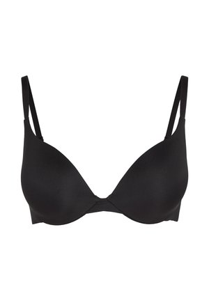 Soutien-gorge noir à bonnets moulés lisses avec bretelles fines réglables et armatures, sur fond blanc.