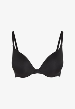 Soutien-gorge noir à bonnets moulés lisses avec bretelles fines réglables et armatures, sur fond blanc.