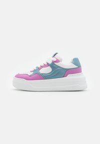 Sneakers with a chunky white sole, pink and blue leather panels, and white laces. Round toe and padded collar for comfort.