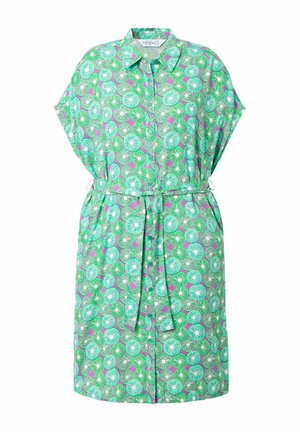 Zelené a růžové vzorované šaty košilového střihu, krátké rukávy, knoflíkový přední díl, pás na vazu a kulaté tvary s květinovými akcenty po celém materiálu.
