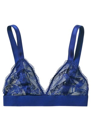 Blonder bralette i dyb blå med trekantet design, justerbare satin stropper og blomsterlacemønster. Blød kant for komfort.