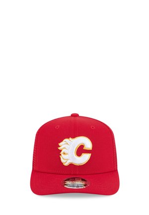 Red baseball cap with a white and yellow flaming "C" logo on the front and a curved brim.