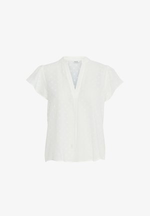 Blusa bianca con maniche a farfalla corte, scollatura a V e motivo a pois testurizzato. Realizzata in tessuto leggero per una buona traspirabilità.