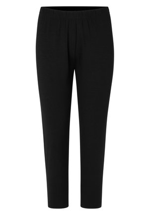 Pantaloni neri elasticizzati con vita elasticizzata, progettati per il comfort, con una vestibilità aderente e taglio alla caviglia. Tessuto liscio, senza motivi visibili.