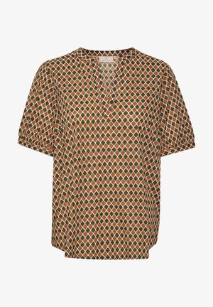 Brown and green patterned short-sleeve top with a V-neck, made from lightweight fabric, featuring a geometric design throughout.