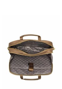 Brązowa skórzana torba z pikowanym szarym wnętrzem, z zamkiem błyskawicznym i środkowym paskiem do organizacji. Pokrywka na klapkę z podwójnymi uchwytami.