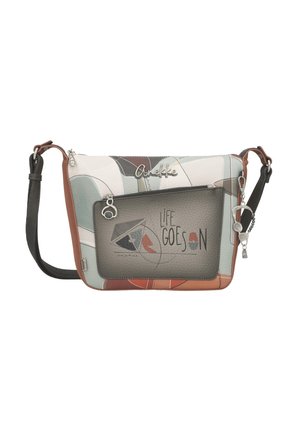 Borsa a tracolla con design astratto multicolore, tasca frontale con cerniera, portachiavi e testo "Life Goes On" sul pannello frontale.