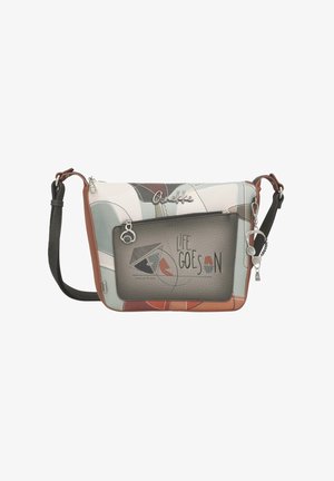Borsa a tracolla con design astratto multicolore, tasca frontale con cerniera, portachiavi e testo "Life Goes On" sul pannello frontale.