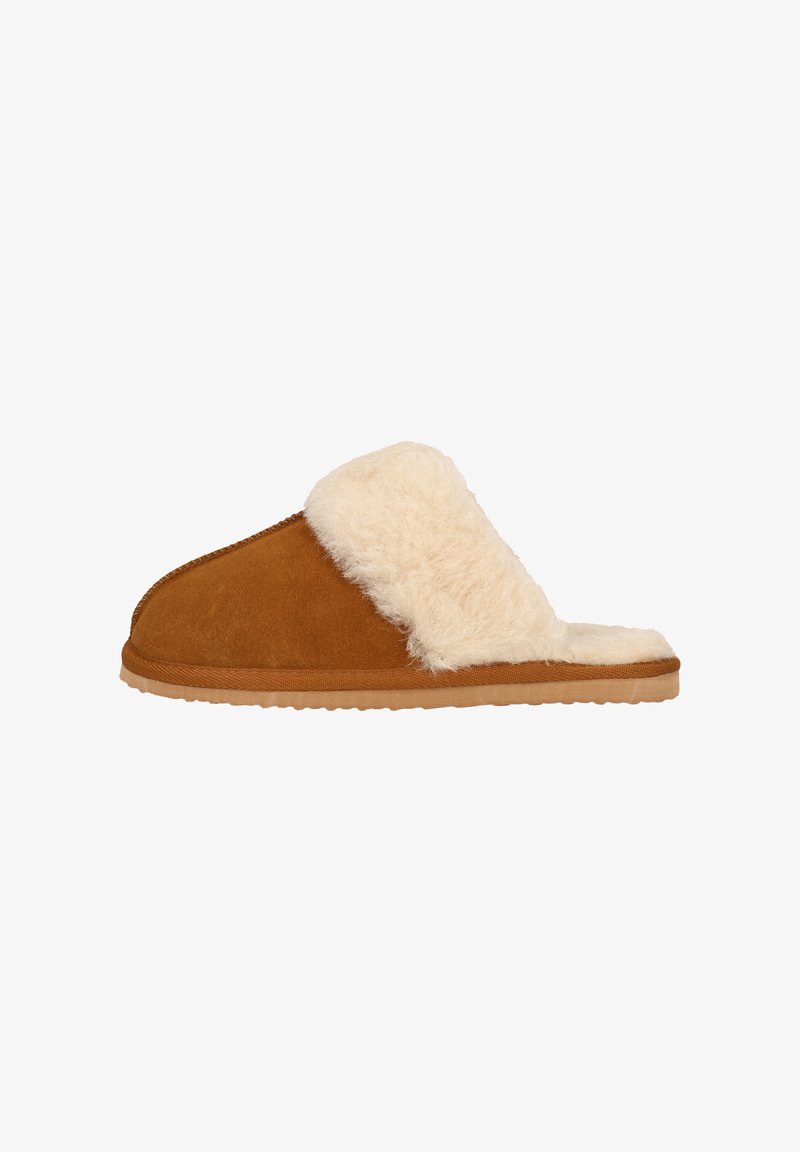 Brown suede slipper with a fluffy cream fur upper, flat sole, and open-toe design, showcasing a simple and cozy aesthetic.