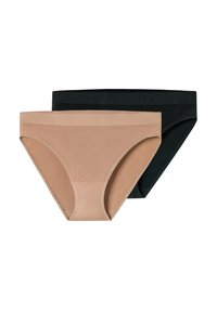 Zwei Unterhosen: eine in Hautfarbe und eine in Schwarz. Beide verfügen über eine glatte Textur und einen breiten elastischen Bund.