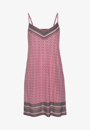 Pink sleeveless dress with a diamond pattern, featuring a V-shaped neckline and horizontal striped accents at the bottom.