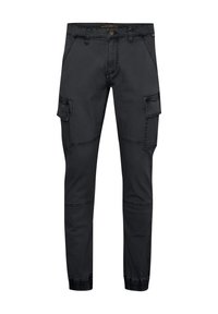 Pantaloni cargo neri con polsini elastici, tasche frontali, tasche laterali con patta e chiusura con bottone in vita.