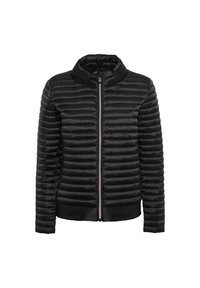 Giacca a vento nera con motivo a righe orizzontali, colletto rialzato, chiusura frontale con zip e polsini elasticizzati. Materiale leggero.