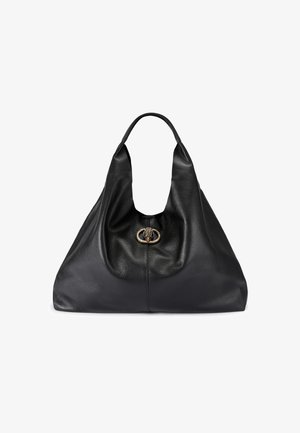 Borsa hobo in pelle nera goffrata con manico singolo e chiusura a scatto con testa di animale in tono oro al centro della parte anteriore.