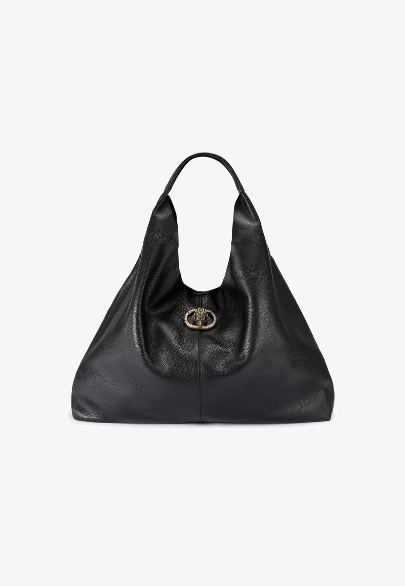 Borsa hobo in pelle nera goffrata con manico singolo e chiusura a scatto con testa di animale in tono oro al centro della parte anteriore.