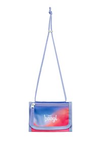 Purple and pink gradient crossbody bag made of fabric, featuring a zip closure, adjustable strap, and a white logo on the front.