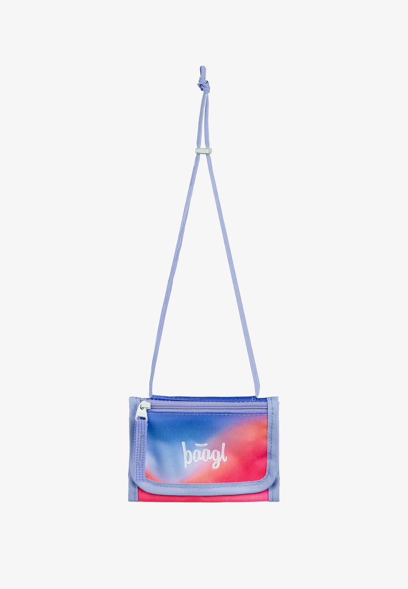 Borsa a tracolla con una sfumatura viola e rosa, realizzata in tessuto, con chiusura a zip, cinturino regolabile e un logo bianco sul davanti.