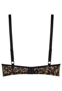 Podprsenka s černým a hnědým leopardím vzorem, s nastavitelnými černými ramínky a zapínáním na háček a očičko pro bezpečné uchycení.