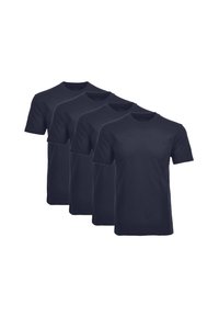 T-shirt in cotone blu navy, maniche corte, colletto rotondo, design semplice. Quattro magliette identiche allineate ordinatamente, texture liscia, vestibilità casual.