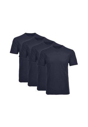 Dunkelblaue Baumwoll-T-Shirts, kurze Ärmel, runder Ausschnitt, schlichtes Design. Vier identische Shirts ordentlich ausgerichtet, glatte Textur, lässige Passform.