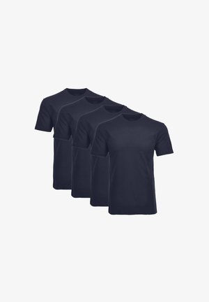 Navy blue cotton t-shirts, short sleeves, round neck, simple design. Four identical shirts neatly aligned, smooth texture, casual fit.