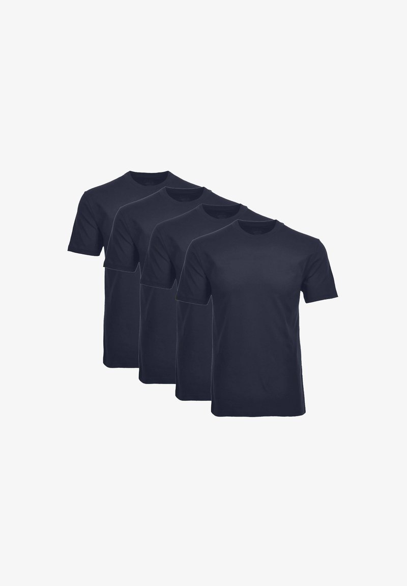 Granatowe bawełniane t-shirty, krótkie rękawy, okrągły dekolt, prosty design. Cztery identyczne koszulki starannie ułożone, gładka tekstura, luźny krój.