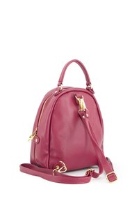 Burgunderfarbene Lederhandtasche mit runder Form, goldfarbener Hardware, oberen Tragegriff und abnehmbarem Schultergurt. Strukturierte Oberfläche mit Reißverschluss.