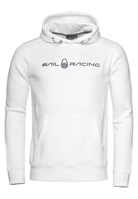 Sudadera blanca con capucha, que cuenta con un bolsillo delantero, puños elásticos y un gráfico de "SAIL RACING" en azul marino en el pecho.