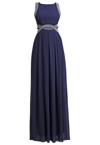 Marineblaue ärmellose Abendkleid mit bestickten Trägern und einem kreuzenden, mit Perlen besetzten Taillendetail, bodenlanger, fließender Rock.