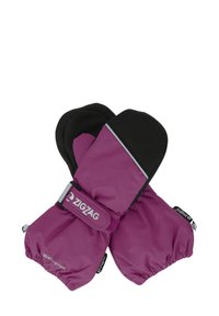 Moufles imperméables violettes avec accents noirs, poignets élastiques et détails réfléchissants. Conçues pour la chaleur et la protection par temps froid.