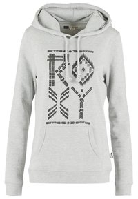 Sudadera con capucha de color gris claro con un gran patrón geométrico negro en el frente, capucha con cordón y un bolsillo frontal. Textura de tela suave.