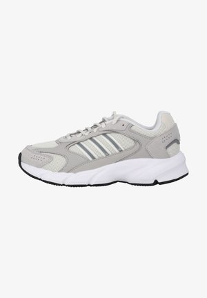 Light gray athletic shoe with mesh and synthetic upper, white accents, three metallic stripes on the side, and a textured black outsole.