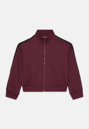 Burgundska zip-up jakna z visokim ovratnikom, stranskimi žepi in kontrastnimi črnimi črtami na ramenih. Mehka, gladka tkanina z elastičnimi manšetami.