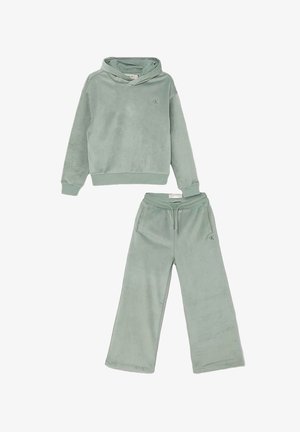 Felpa verde in velluto con tasca a marsupio e pantaloni a gamba larga abbinati, dotati di logo ricamato e vita elastica.