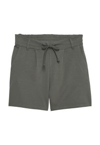 Shorts décontractés gris foncé avec une taille élastique, cordon de serrage, passants de ceinture, poches latérales et une coupe décontractée.