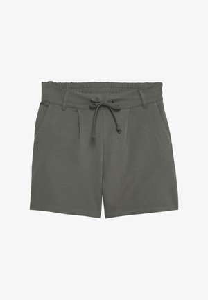 Dark gray casual shorts with an elastic waistband, drawstring tie, belt loops, side pockets, and a relaxed fit.