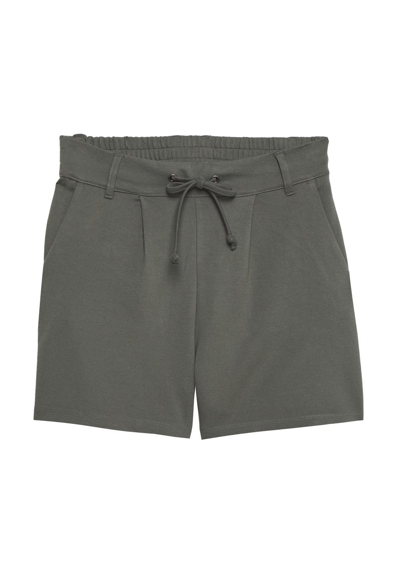 Shorts décontractés gris foncé avec une taille élastique, cordon de serrage, passants de ceinture, poches latérales et une coupe décontractée.