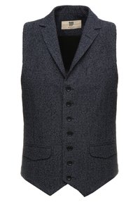 Marineblauw op maat gemaakte vest van gestructureerde stof, met een V-hals, zes knoopsluitingen en twee voorkruiken met een getailleerd ontwerp.