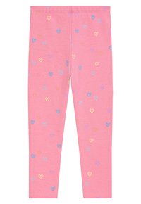 Rosa Leggings aus weichem Material, die mit einem Muster aus kleinen Herzen in Blau, Gelb, Orange und Pink bedruckt sind, gleichmäßig über den Stoff verteilt.