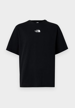 Black cotton t-shirt featuring a round neckline and short sleeves. The front displays a white logo of "The North Face" in the upper center.