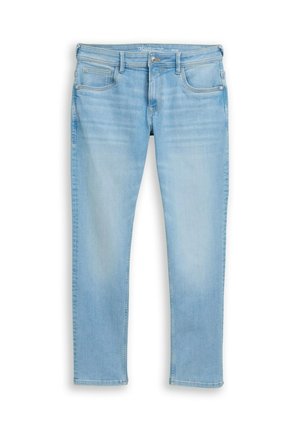 Light blue slim-fit denim jeans with front pockets, belt loops, button closure, and faded wash detailing.