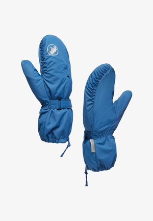 Para niebieskich ocieplanych rękawic z regulowanymi paskami na nadgarstkach i zamkiem błyskawicznym na jednej rękawicy, zaprojektowanych na chłodne warunki.