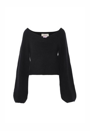Zwarte cropped trui met een off-the-shoulder halslijn, grote ballonmouwen en een ribbelstructuur overal.