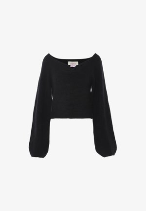 Black cropped sweater with an off-the-shoulder neckline, large balloon sleeves, and a ribbed texture throughout.