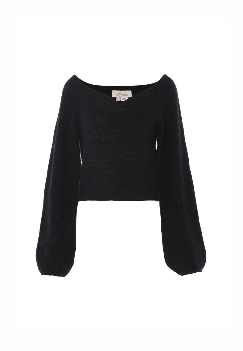 Fekete, cropped pulóver, off-the-shoulder nyakkal, nagy ballon ujjakkal és bordás textúrával.